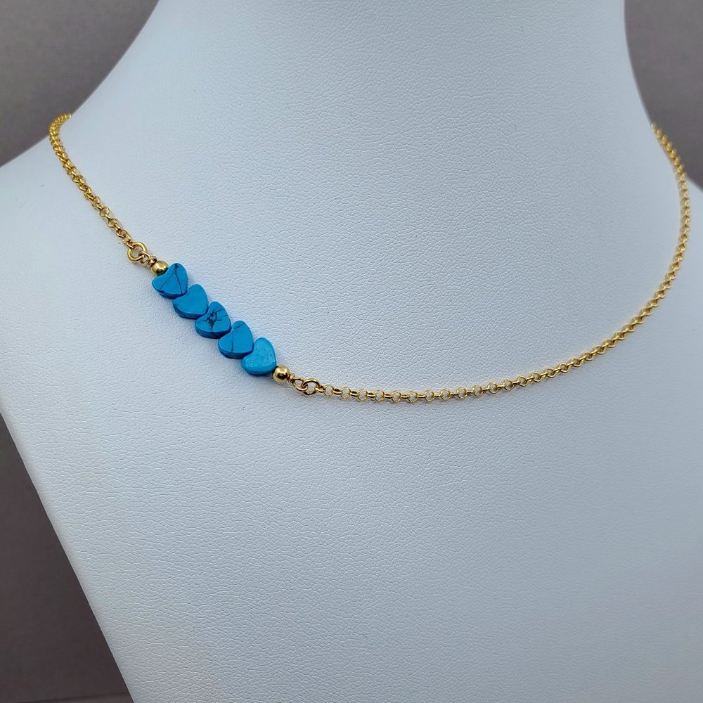5 Turquoise Hearts Choker 14k Gold Plated on 925 - Picture 1 of 8